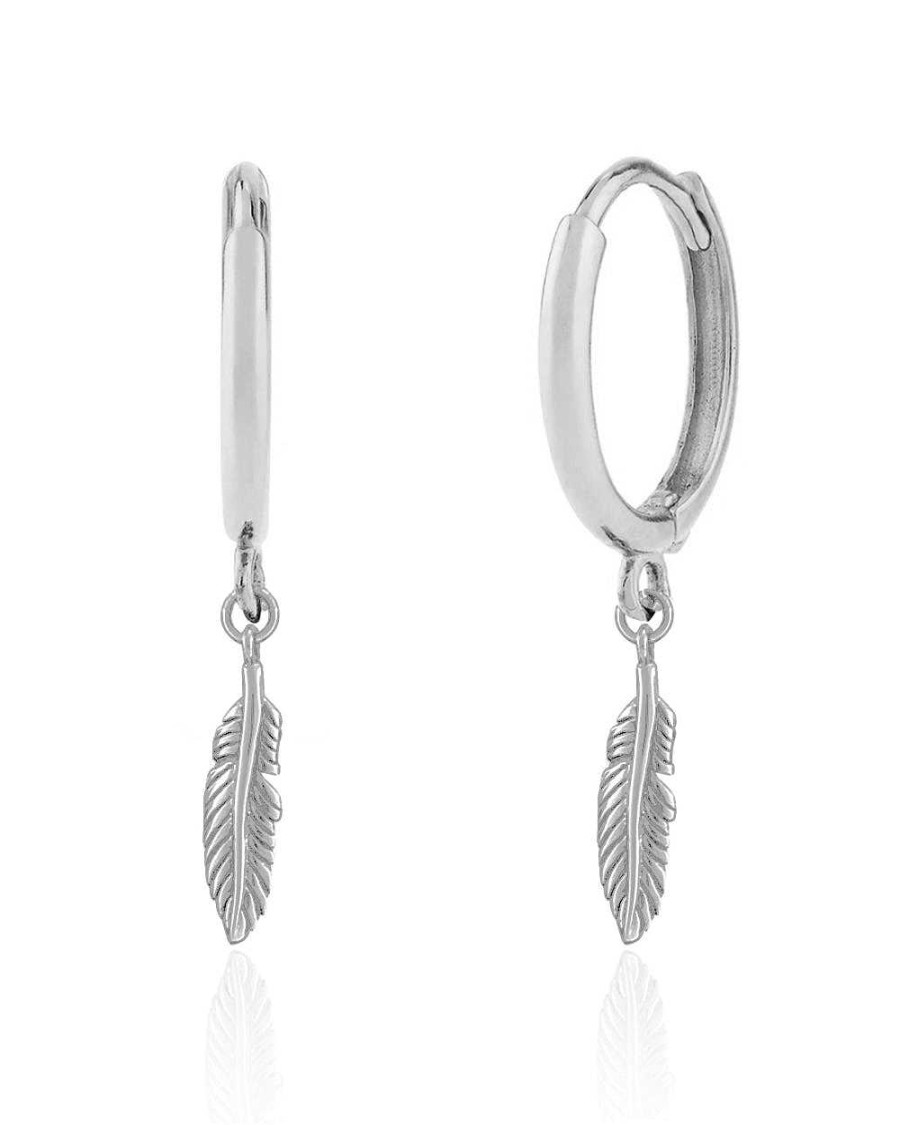 Huggie Earrings Impuria Jewelry | Plume Feather Drop Polished Hoop Huggie Earrings