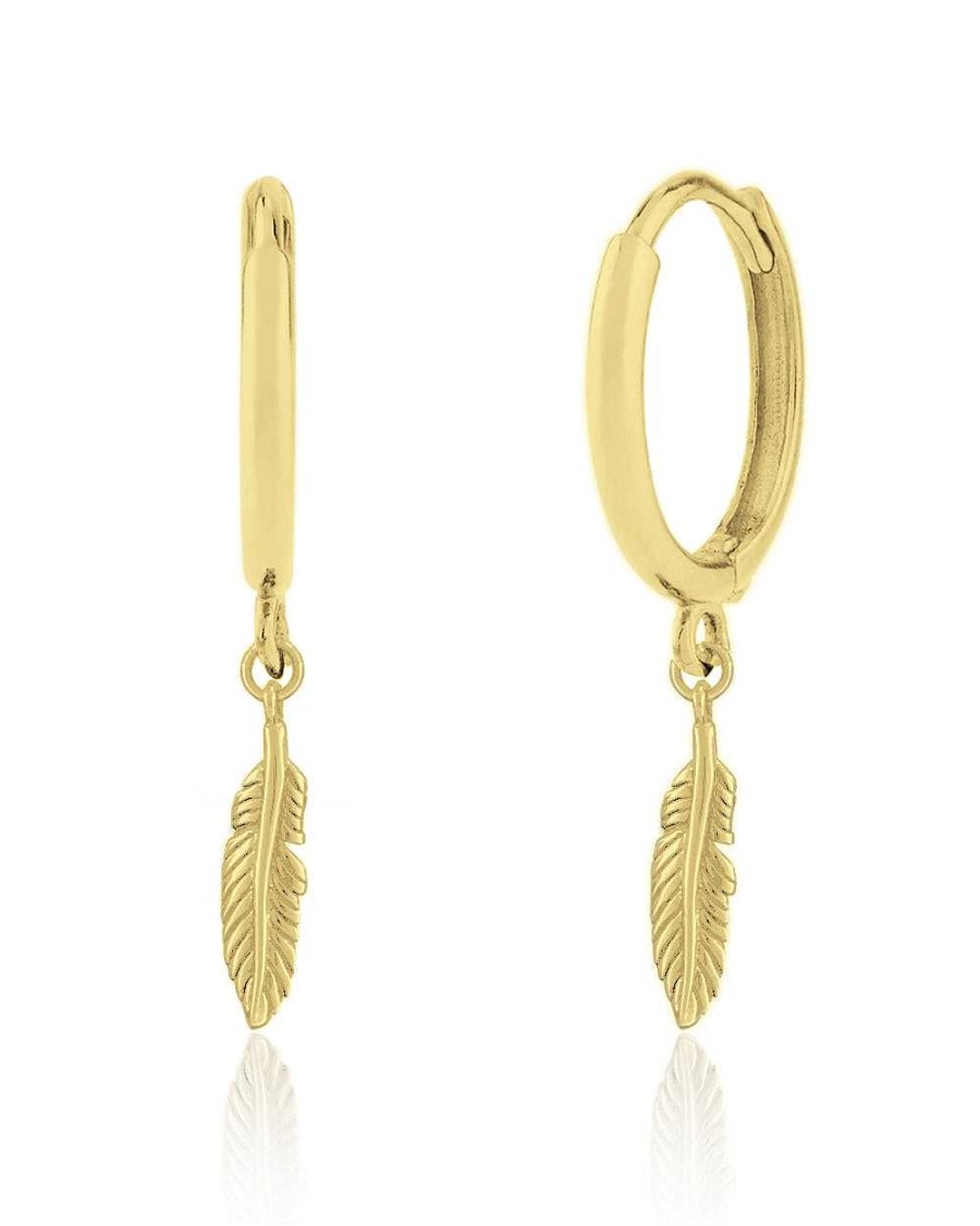 Hoops Impuria Jewelry | Plume Feather Drop Polished Hoop Huggie Earrings