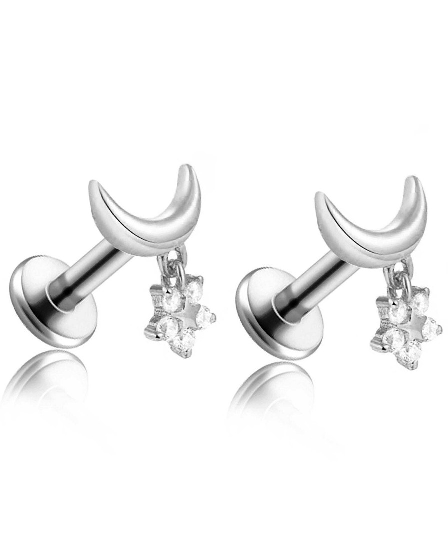 Flat Back Studs Impuria Jewelry | Callisto Moon & Crystal Dangle Star Ear Piercing Earring Stud Set