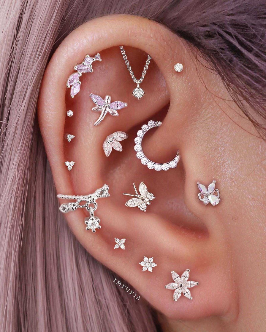 Flat Back Studs Impuria Jewelry | Spirit Dragonfly Pink Crystal Ear Piercing Earring Stud Silver - 1 Piece