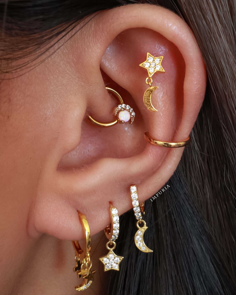 Huggie Earrings Impuria Jewelry | Cassiopeia Moon Star Cross Trio Charm Drop Polished Hoop Huggie Earrings Gold