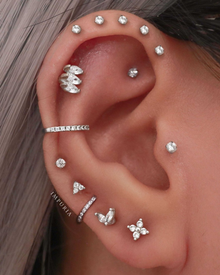 Flat Back Studs Impuria Jewelry | Mai Crystal Two Leaf Lotus Ear Piercing Earring Stud Set Silver