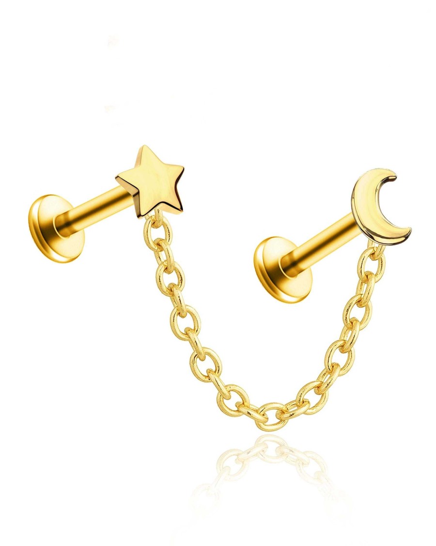 Studs Impuria Jewelry | Celeste Star & Moon Polished Chain Ear Piercing Earring Stud Set Gold