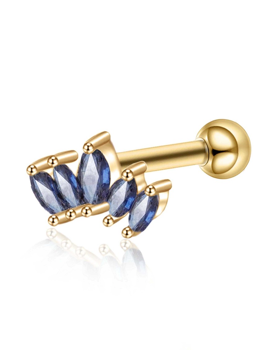 Flat Back Studs Impuria Jewelry | Merlin Blue Crystal Five Marquise Lotus Ear Piercing Earring Stud Gold - 1 Piece