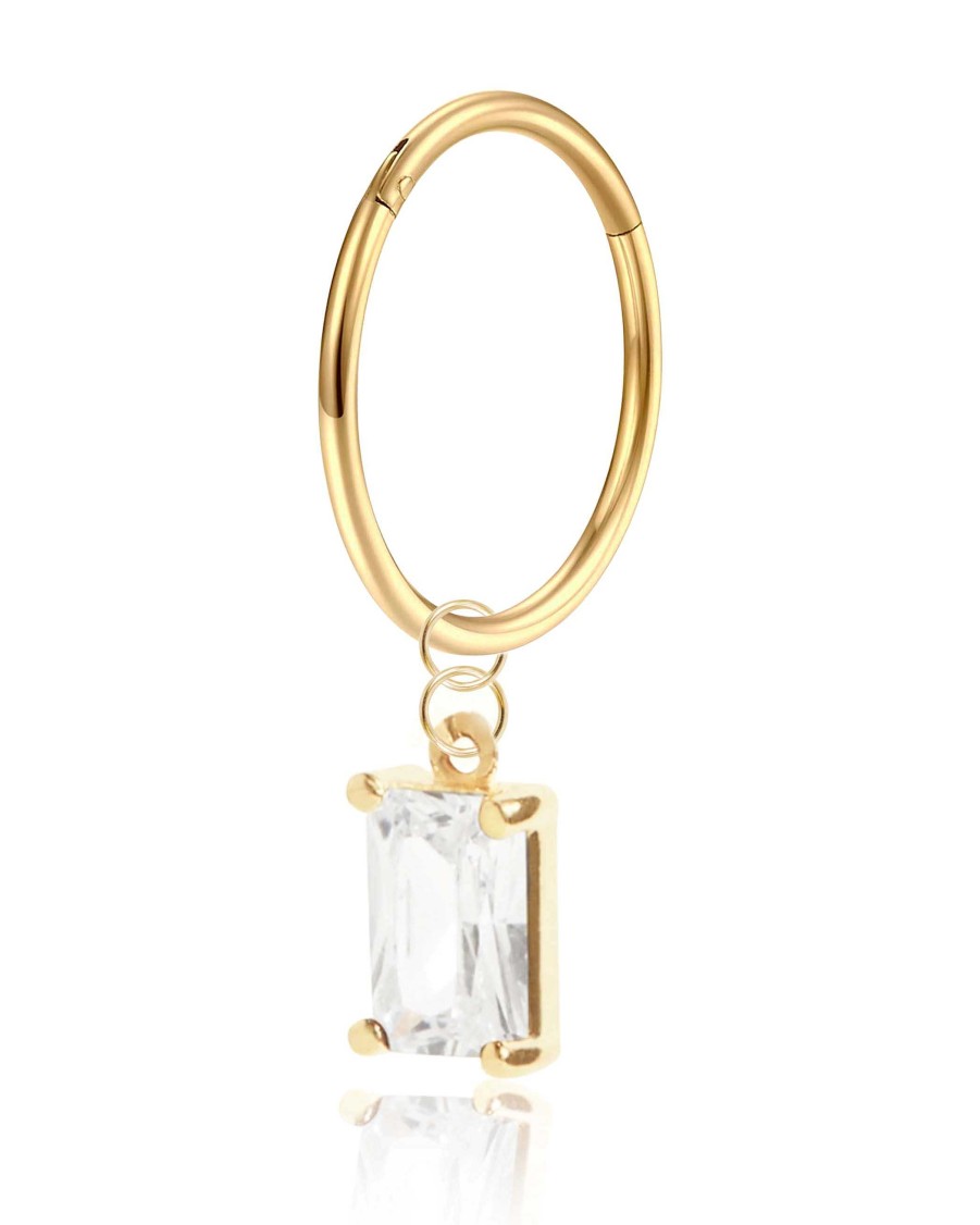 Hoop Clickers Impuria Jewelry | Belamy Baguette Crystal Drop Polished Hinged Segment Hoop Ring Clicker Clear Crystal