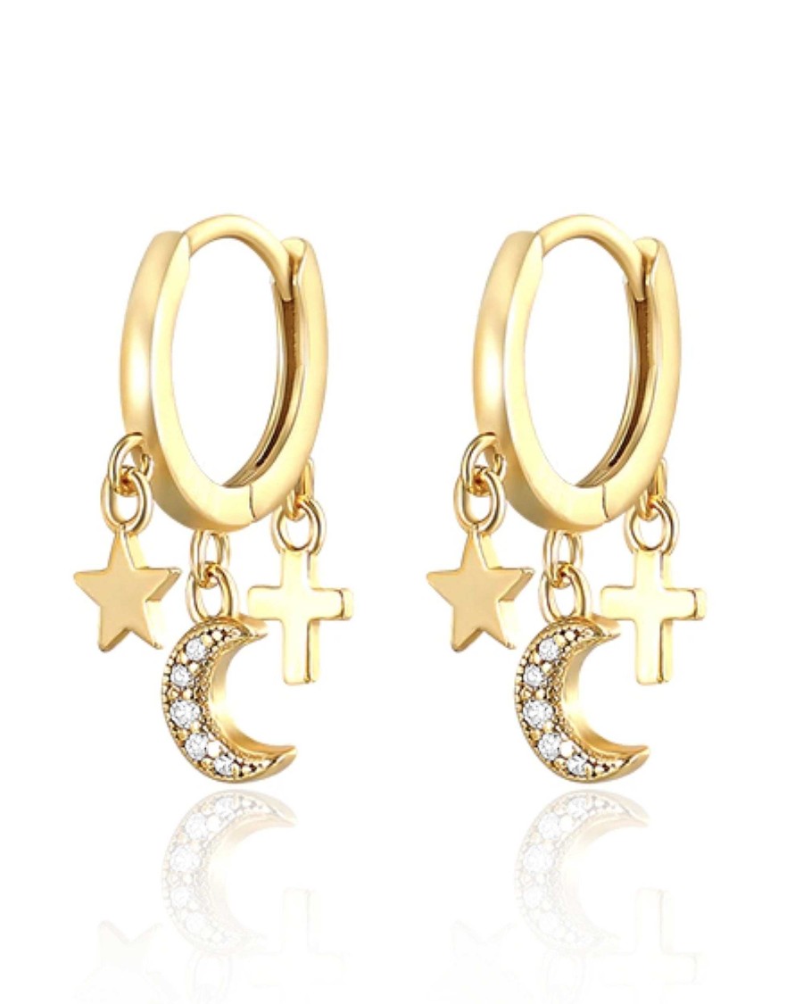 Huggie Earrings Impuria Jewelry | Cassiopeia Moon Star Cross Trio Charm Drop Polished Hoop Huggie Earrings Gold