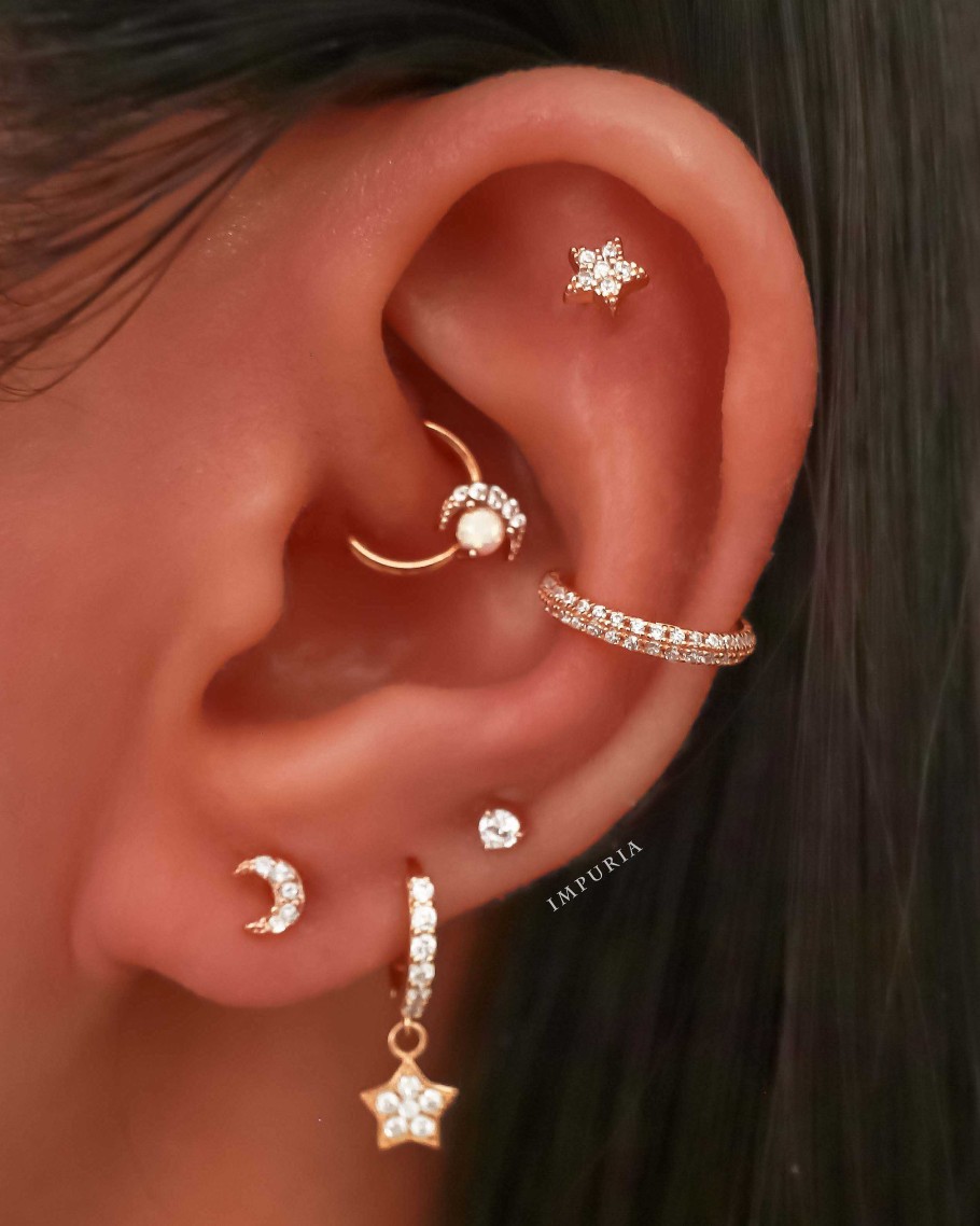 Hoop Clickers Impuria Jewelry | Venus Celestial Moon & Star Opal Ear Piercing Ring Hoop Clicker Gold