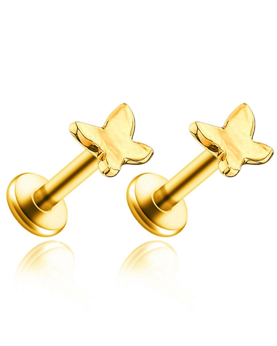 Flat Back Studs Impuria Jewelry | Papillon Butterfly Polished Ear Piercing Earring Stud Set Gold