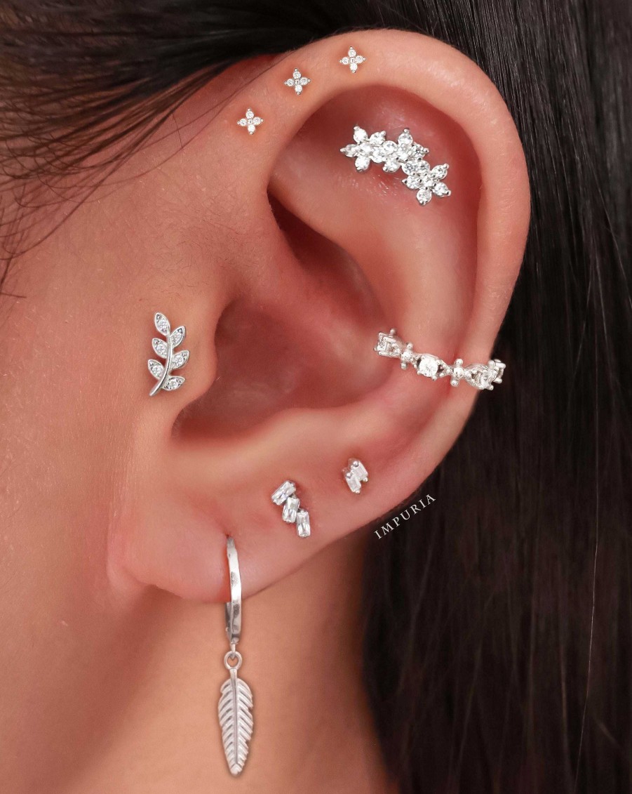 Studs Impuria Jewelry | Aspen Crystal Leaf Ear Piercing Earring Stud Silver - 1 Piece