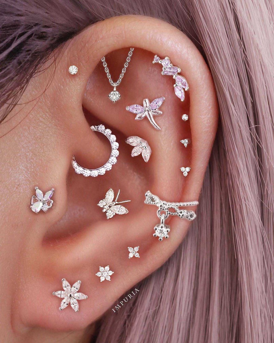 Studs Impuria Jewelry | Spirit Dragonfly Pink Crystal Ear Piercing Earring Stud Silver - 1 Piece