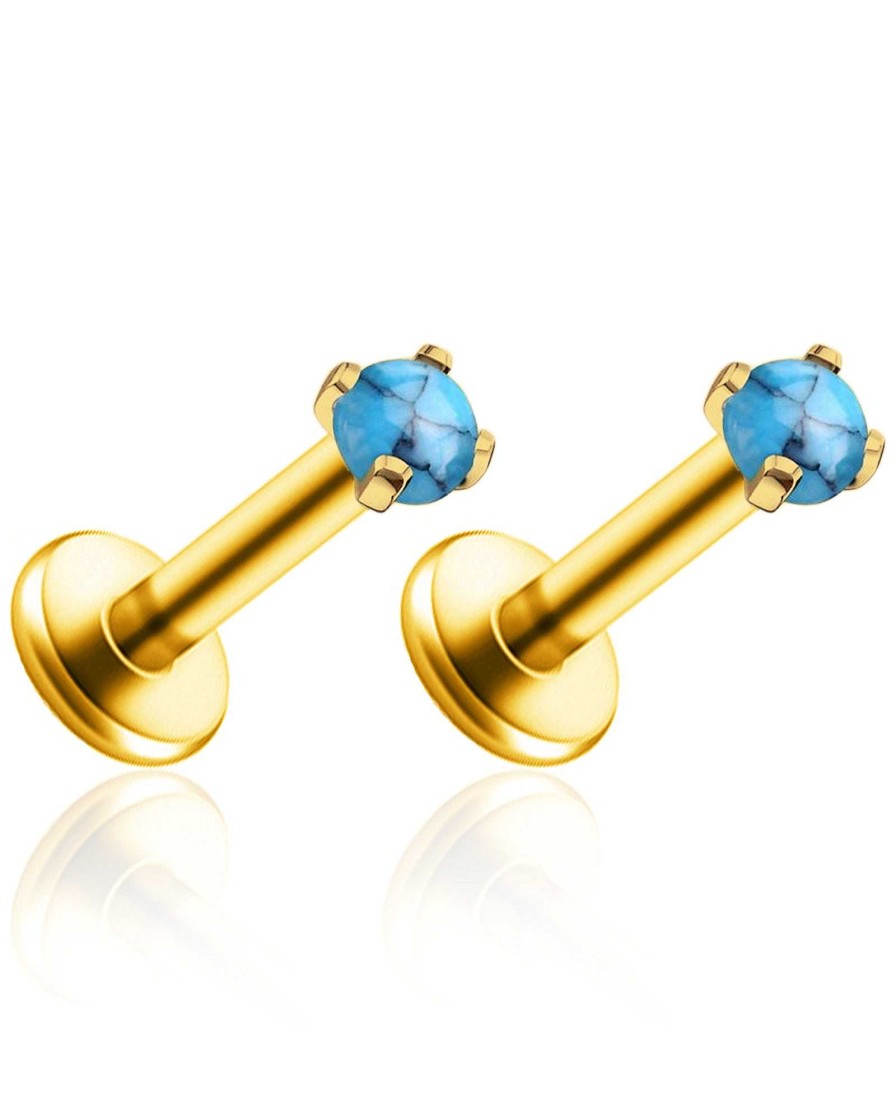 Studs Impuria Jewelry | Azure Turquoise Threaded Prong Ear Piercing Earring Stud Set Gold