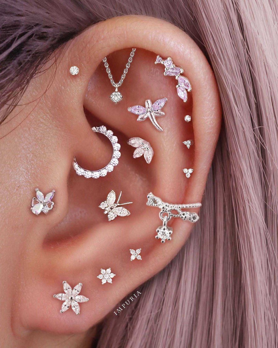 Flat Back Studs Impuria Jewelry | Bloom Crystal Flower Ear Piercing Earring Stud Set Silver - 1 Piece