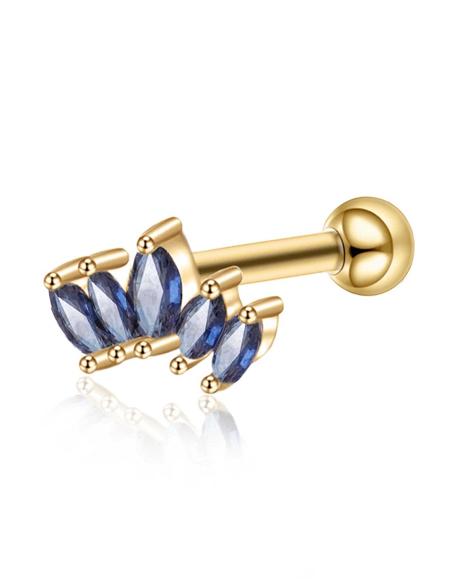 Studs Impuria Jewelry | Merlin Blue Crystal Five Marquise Lotus Ear Piercing Earring Stud Gold - 1 Piece