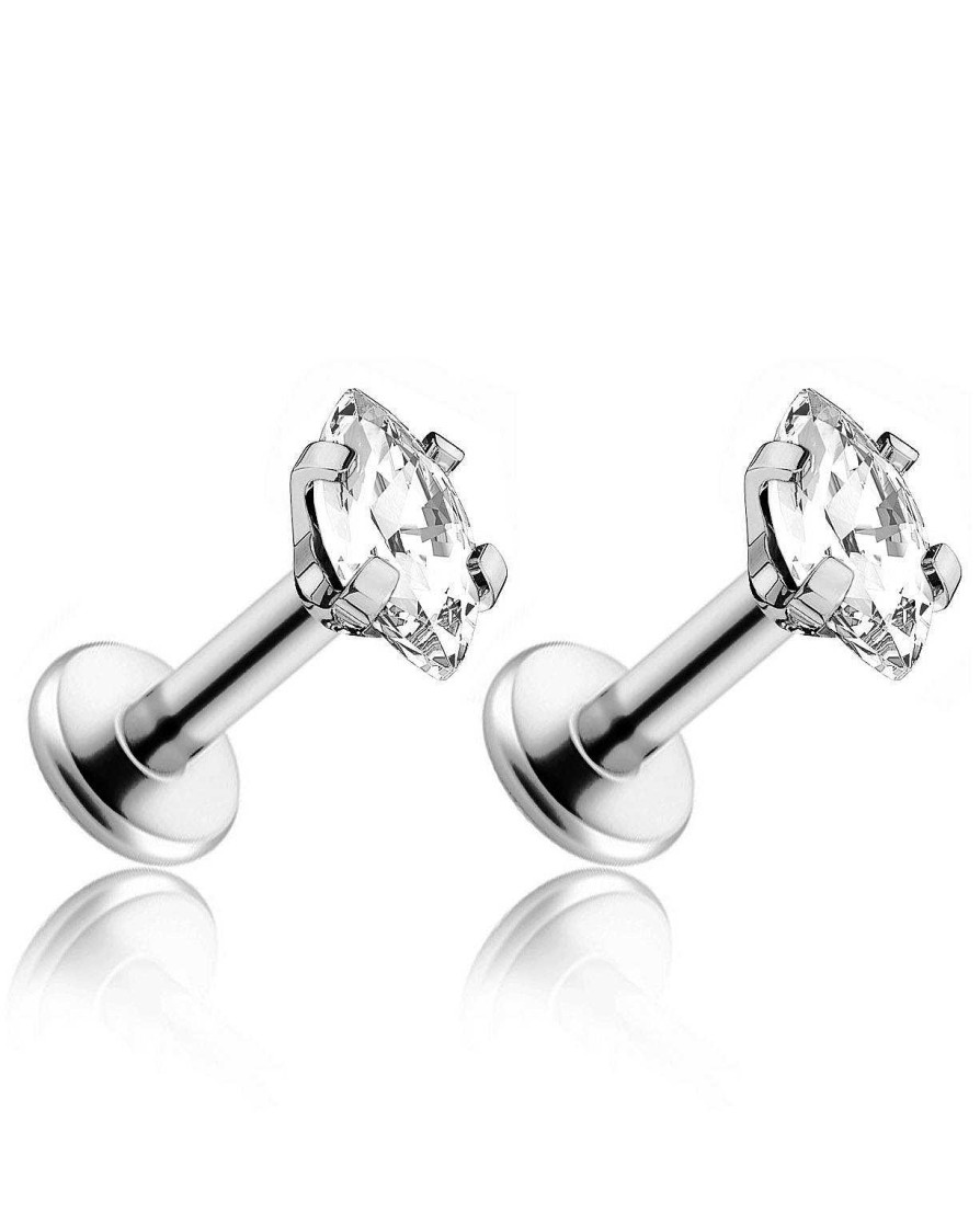 Studs Impuria Jewelry | Vida Crystal Marquise Threaded Prong Ear Piercing Earring Stud Set Silver