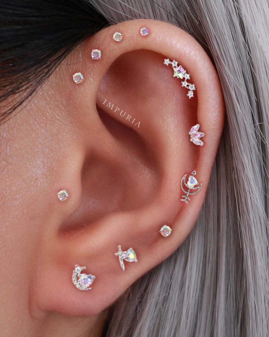 Studs Impuria Jewelry | Galaxia Moon Aurora Borealis Heart Crystal Ear Piercing Earring Stud Silver - 1 Piece