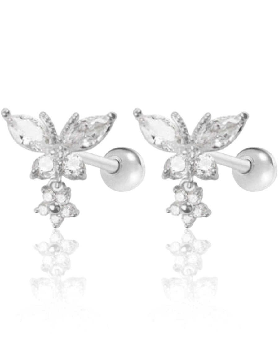 Studs Impuria Jewelry | Metamorphosis Crystal Butterfly Flower Drop Ear Piercing Earring Stud Set Silver - 2 Pieces