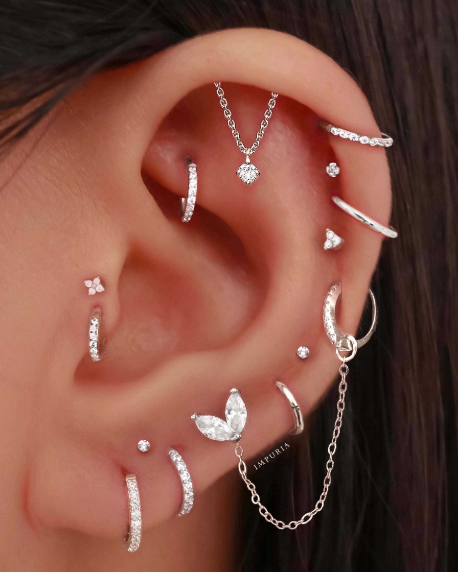 Hoops Impuria Jewelry | Ina Chain Lotus Stud Crystal Hinged Segment Hoop Ring Clicker Ear Piercing Earring Set Silver