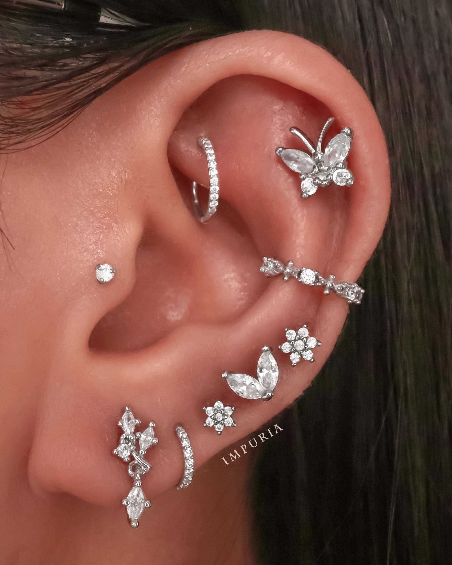 Studs Impuria Jewelry | Gleam Crystal Leaf Drop Ear Piercing Earring Stud Set Silver