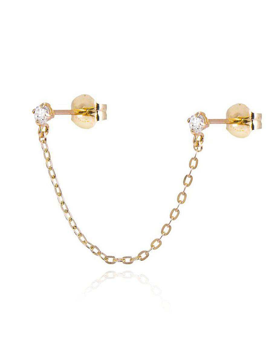 Studs Impuria Jewelry | Zara Chain Double Crystal Prong Ear Piercing Stud Earrings Gold