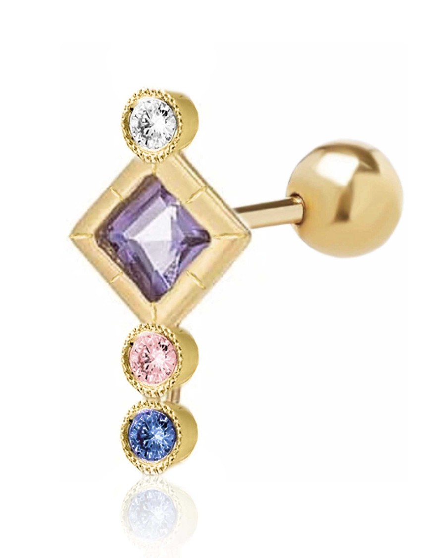 Studs Impuria Jewelry | Lavendaire Geometric Purple Crystal Ear Piercing Earring Stud Set Gold