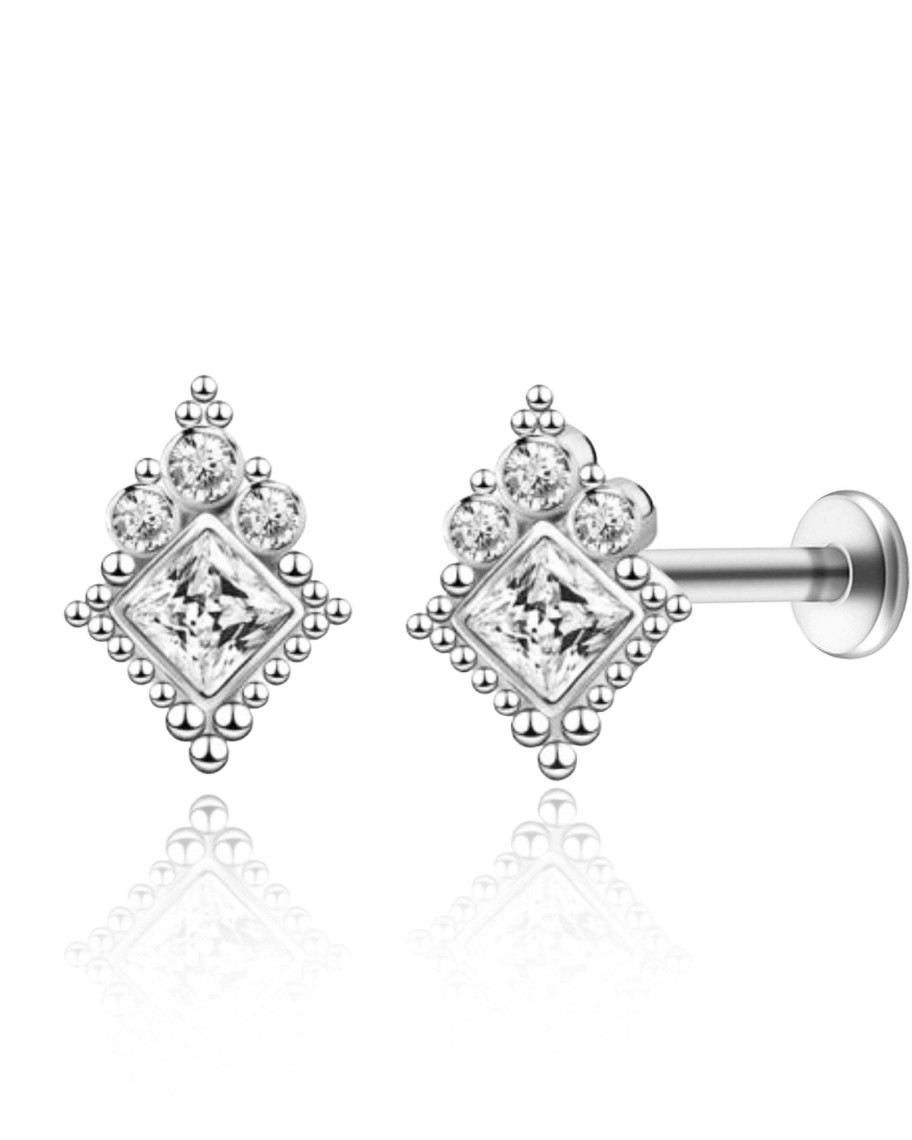 Studs Impuria Jewelry | Enya Crystal Milgrain Ear Piercing Earring Stud Set Silver