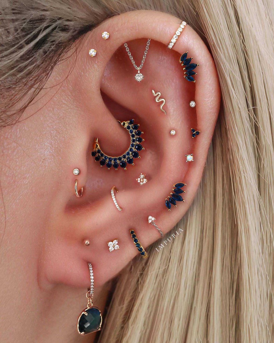 Hoops Impuria Jewelry | Crown Double Blue Crystal Daith Ear Piercing Ring Hoop Clicker Gold - 1 Piece