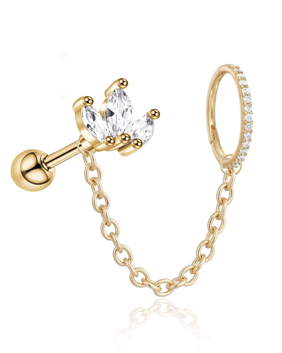 Hoops Impuria Jewelry | Jiro Chain Lotus Stud Crystal Hinged Segment Hoop Ring Clicker Ear Piercing Earring Set Gold