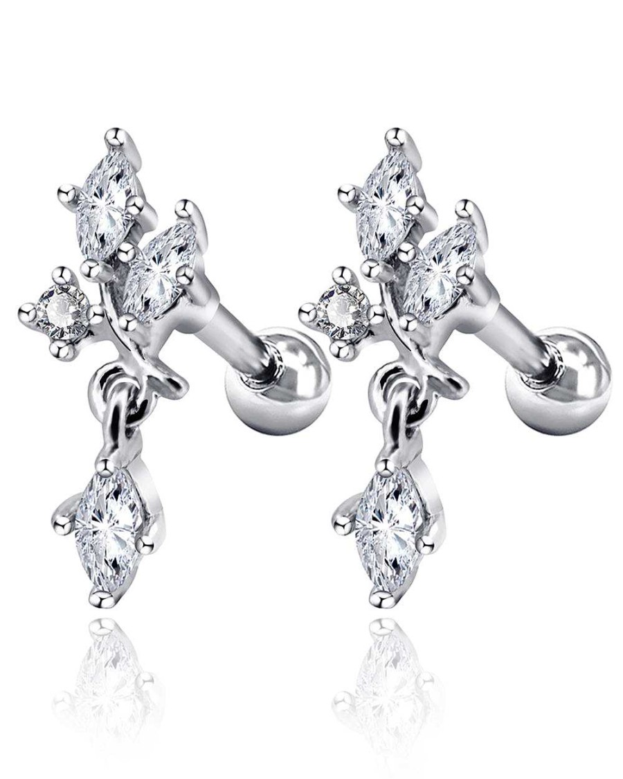 Studs Impuria Jewelry | Gleam Crystal Leaf Drop Ear Piercing Earring Stud Set Silver