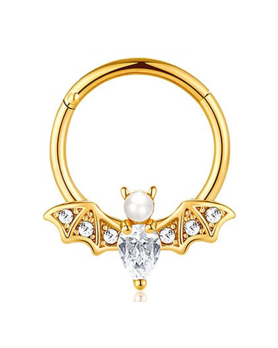 Hoop Clickers Impuria Jewelry | Vanita Pearl & Crystal Bat Ear Piercing Ring Hoop Clicker