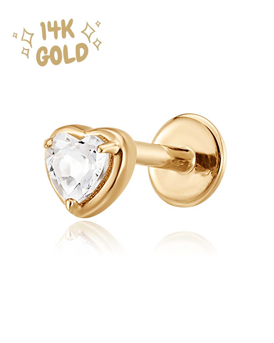 Flat Back Studs Impuria Jewelry | Love Crystal Heart Threaded 14K Gold Earring Stud