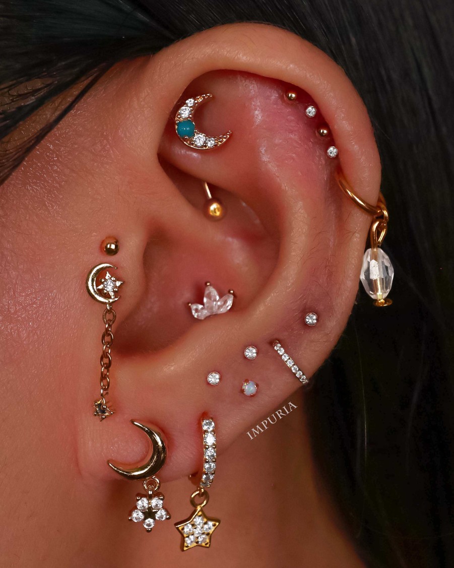 Studs Impuria Jewelry | Zodiac Celestial Moon & Star Chain Drop Ear Piercing Earring Stud Set Gold