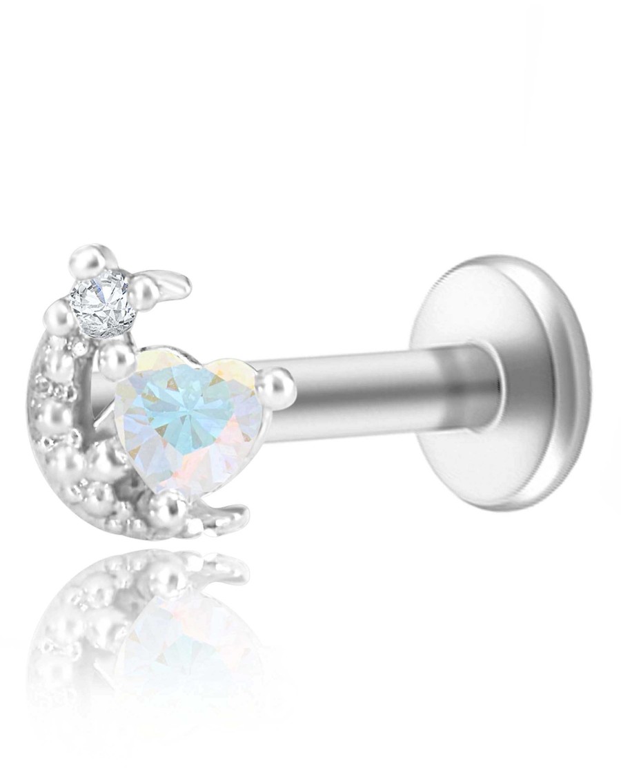 Studs Impuria Jewelry | Galaxia Moon Aurora Borealis Heart Crystal Ear Piercing Earring Stud Silver - 1 Piece