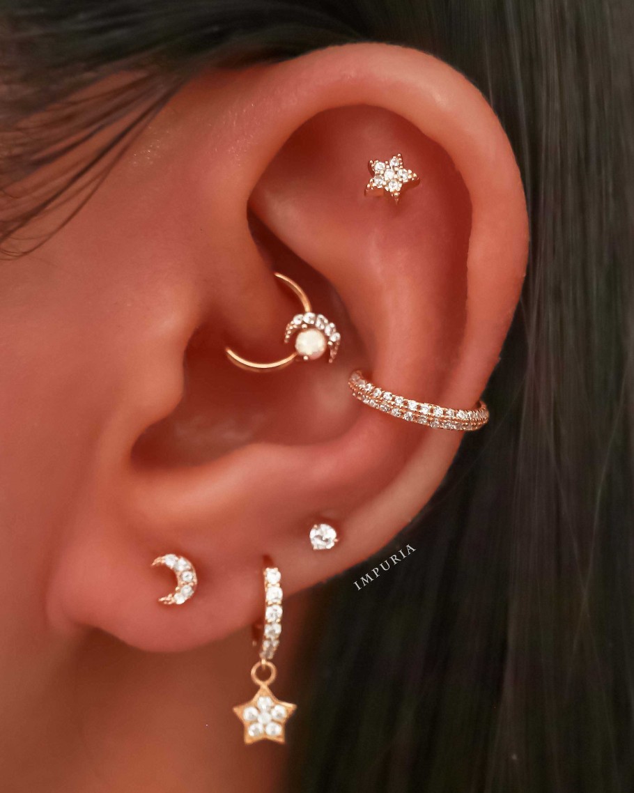 Hoops Impuria Jewelry | Venus Celestial Moon & Star Opal Ear Piercing Ring Hoop Clicker Gold