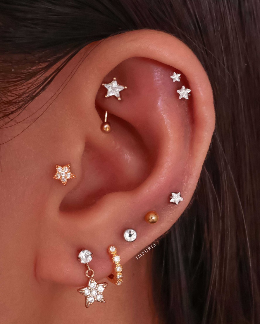 Curved Barbells Impuria Jewelry | Twinkle Crystal Star Rook Piercing Jewelry Curved Barbell Gold