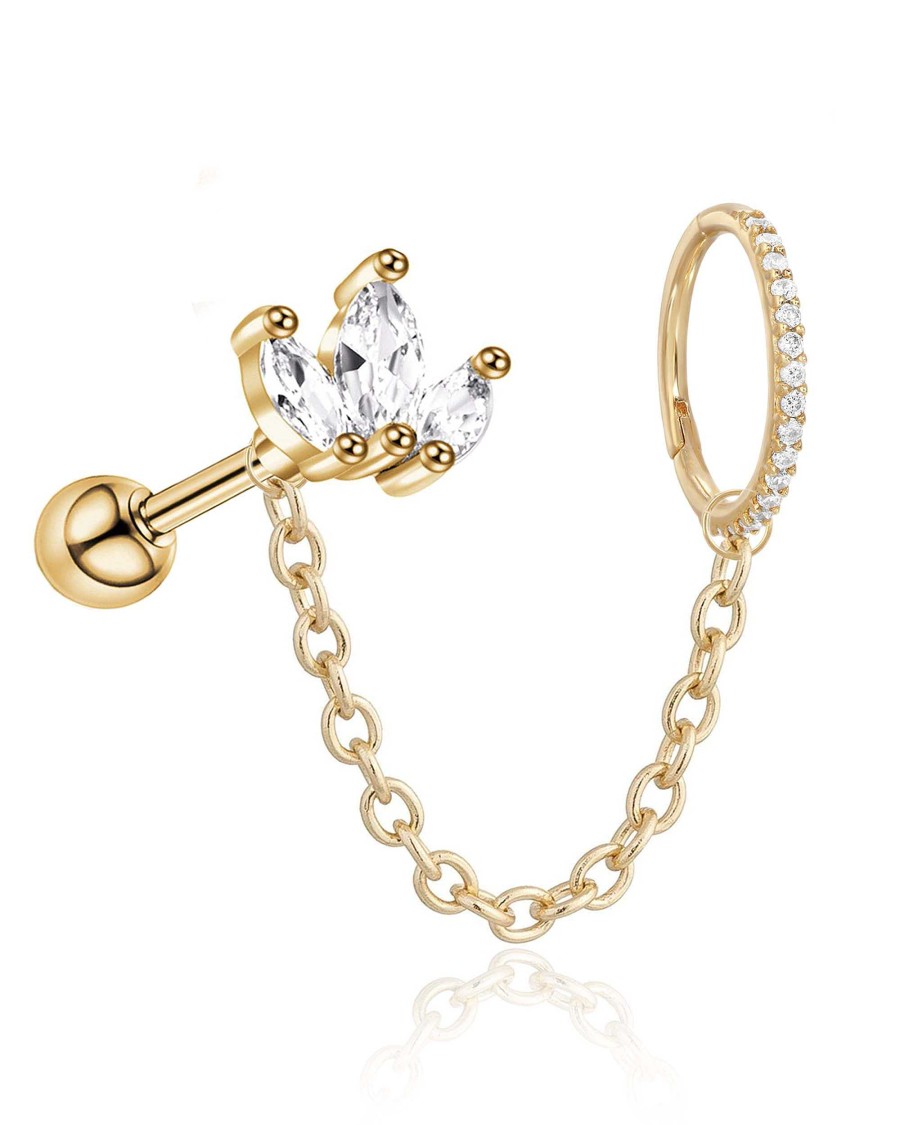 Studs Impuria Jewelry | Jiro Chain Lotus Stud Crystal Hinged Segment Hoop Ring Clicker Ear Piercing Earring Set Gold